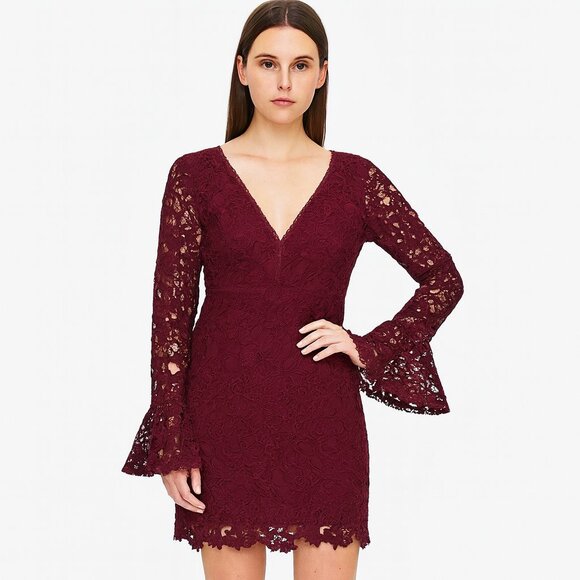 Astr Dresses & Skirts - Astr Burgundy Lace Long Sleeve Mini Bell Sleeve Dress